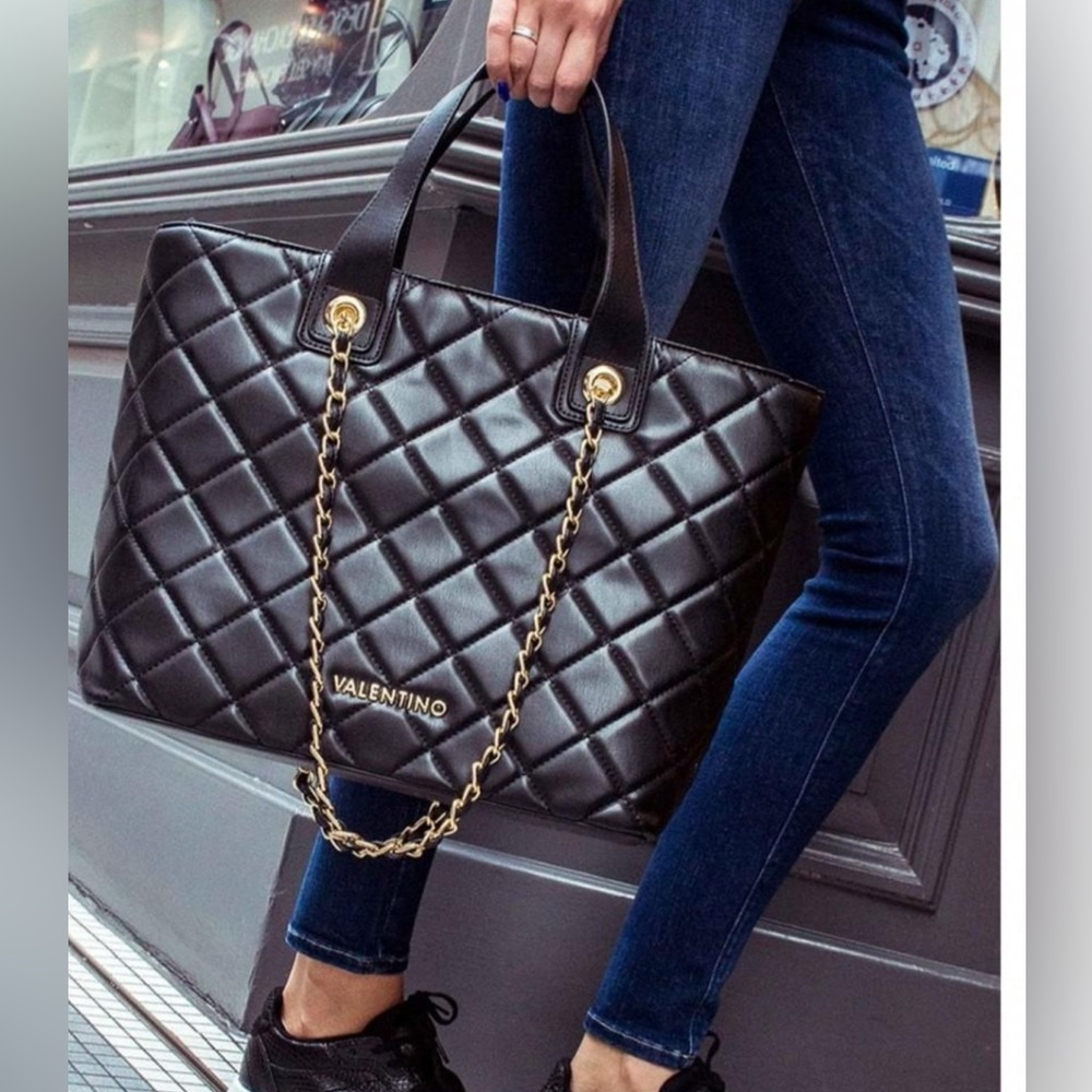Valentino Ocarina Black Quilted Tote with Gold Chain